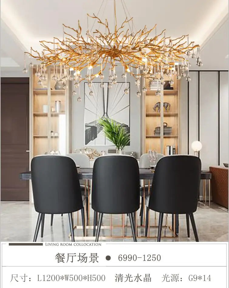 Light luxury post-modern copper branch crystal chandelier French living room dining room lamp American minimalist designer villa