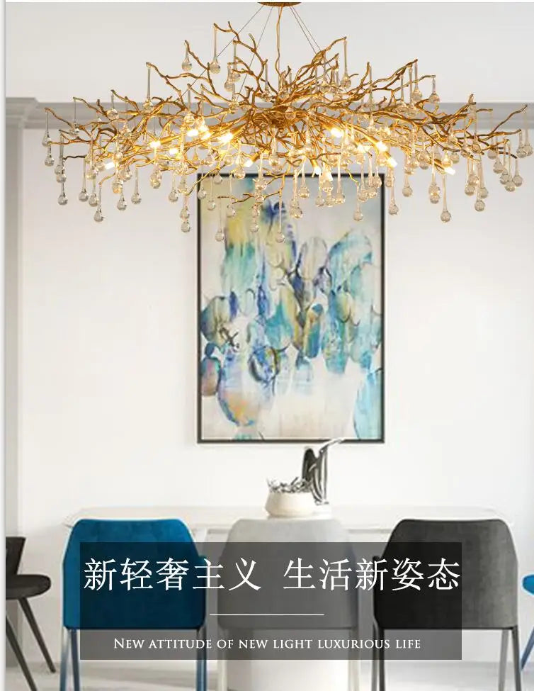 Light luxury post-modern copper branch crystal chandelier French living room dining room lamp American minimalist designer villa