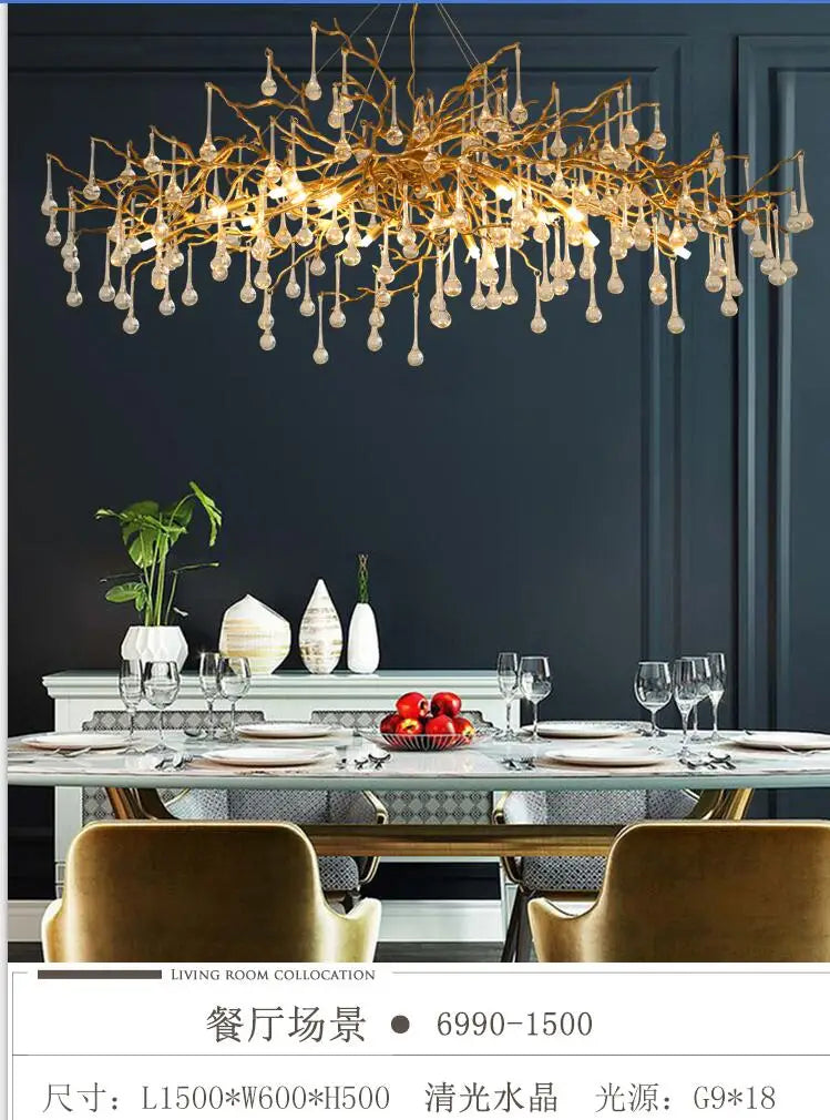 Light luxury post-modern copper branch crystal chandelier French living room dining room lamp American minimalist designer villa