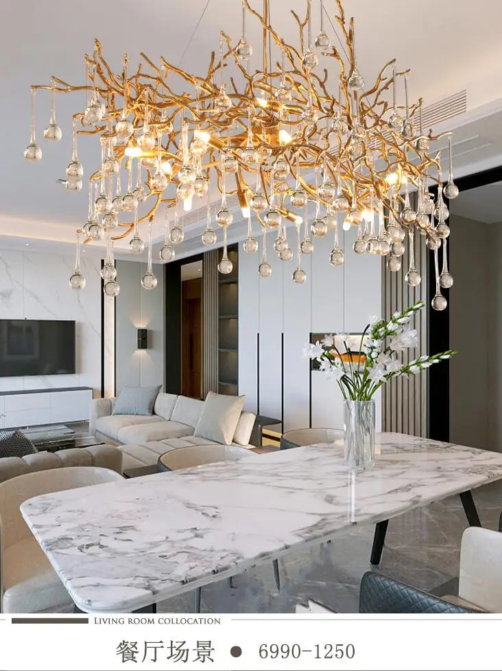 Light luxury post-modern copper branch crystal chandelier French living room dining room lamp American minimalist designer villa