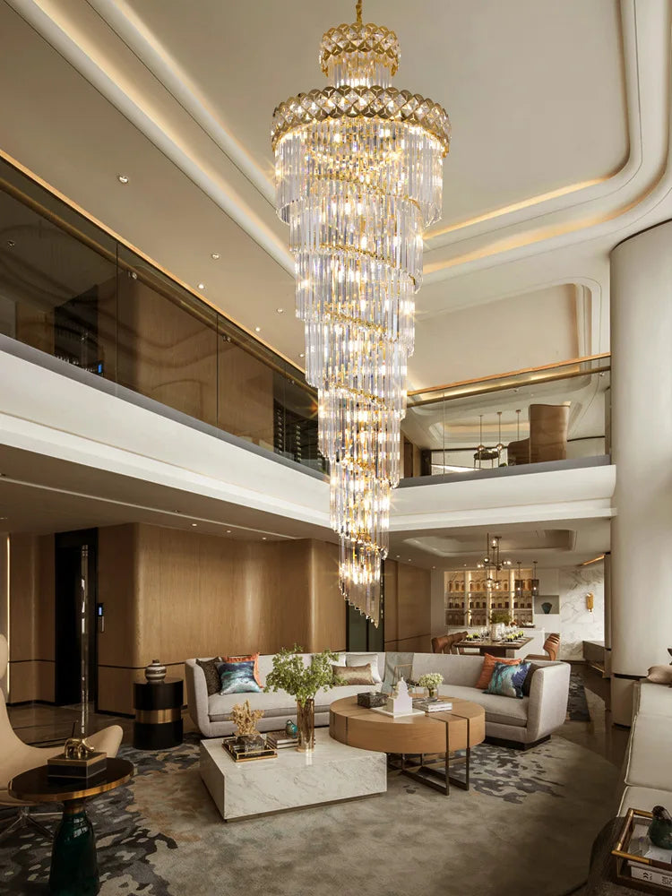 Living room chandelier, villa, middle floor, crystal lamp, light luxury, long chandelier of rotating stairs