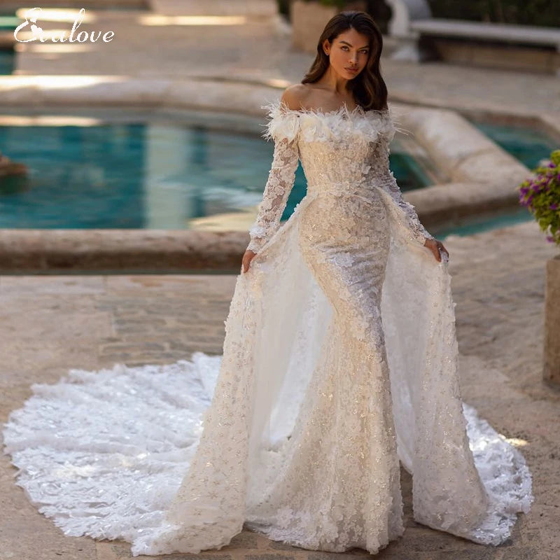 Long Sleeve Appliques Lace Detachable Train Mermaid Wedding Dress 2024 Luxury Boat Neck Beading 3D Flowers Princess Bridal Gown