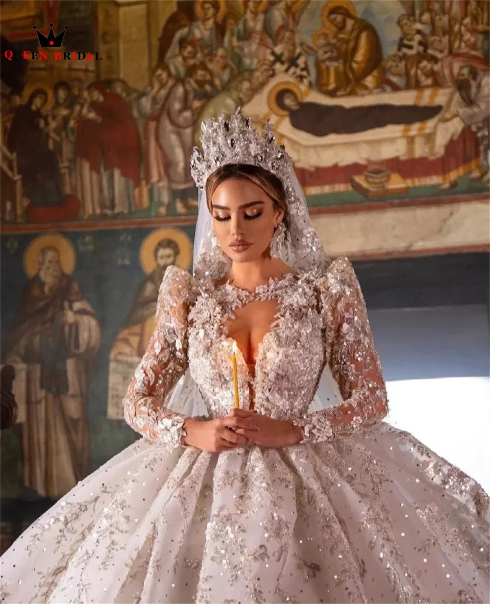 Luxurious Wedding Dresses Ball Gown Puffy Long Sleeve Tulle Lace Crystal Beaded Flowers Formal Bridal Gown Custom Size DX50
