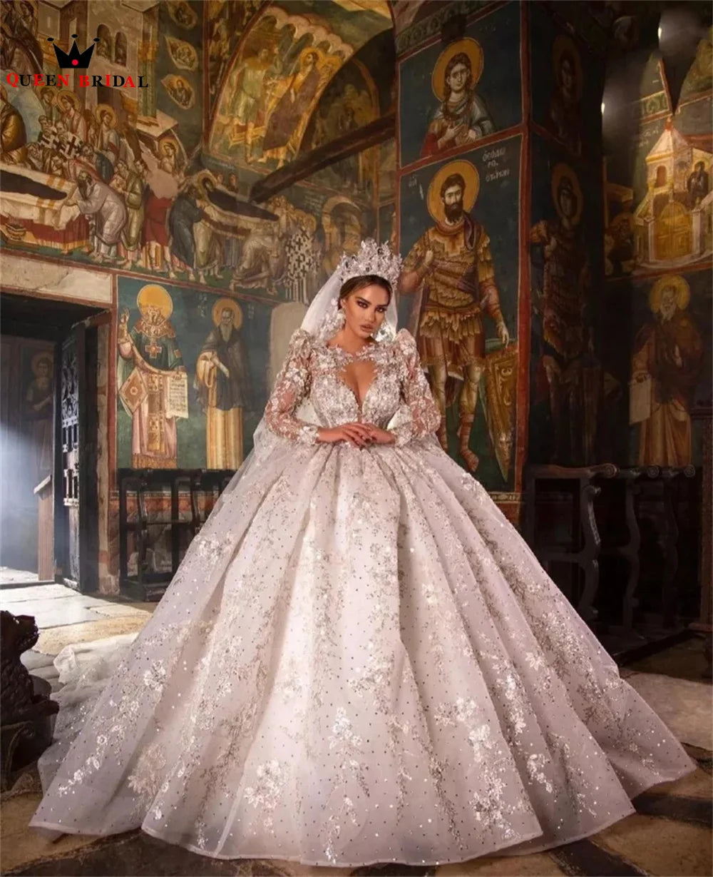Luxurious Wedding Dresses Ball Gown Puffy Long Sleeve Tulle Lace Crystal Beaded Flowers Formal Bridal Gown Custom Size DX50