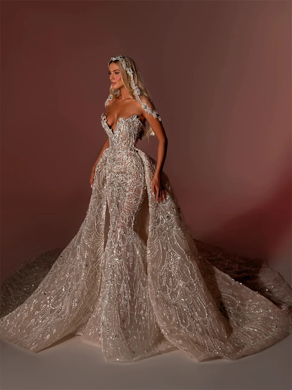 Luxury Beading Wedding Dress 2 in 1 Detachable Train Strapless V-Neck Mermaid Bridal Gown Dubai Bride Dress Custom Made (+Veil)