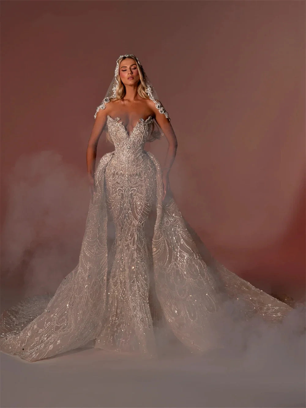 Luxury Beading Wedding Dress 2 in 1 Detachable Train Strapless V-Neck Mermaid Bridal Gown Dubai Bride Dress Custom Made (+Veil)