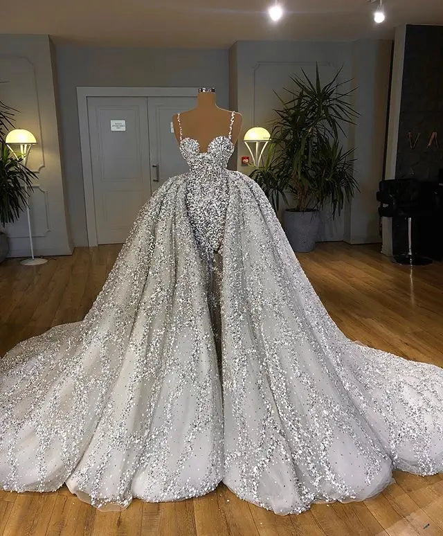 Luxury Crystals Beads Detachable Train Wedding Dress 2020 Vestido de Noiva Sexy Open Back Spaghetti Straps Wedding Bridal Gowns