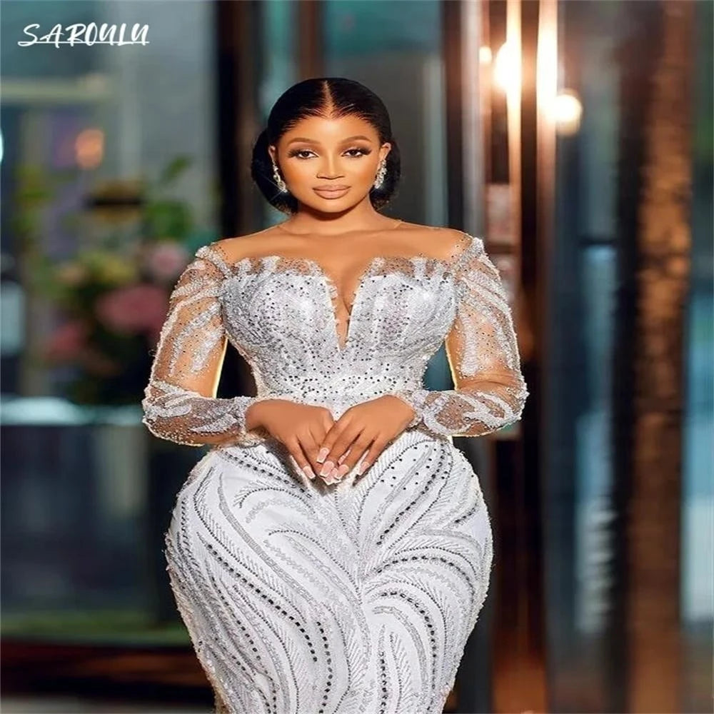 Luxury Deep V-neck Floor-length Wedding Dress Royal Beadings Mermaid Bridal Gown Romantic Vestidos De Novia