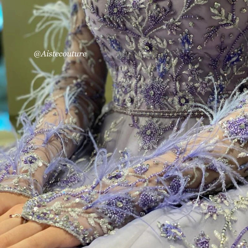 Luxury Dubai Lavender A-Line Evening Dress Off the Shoulder Long Sleeves Beads Crystal Feather Prom Dresses for Women Party Dre