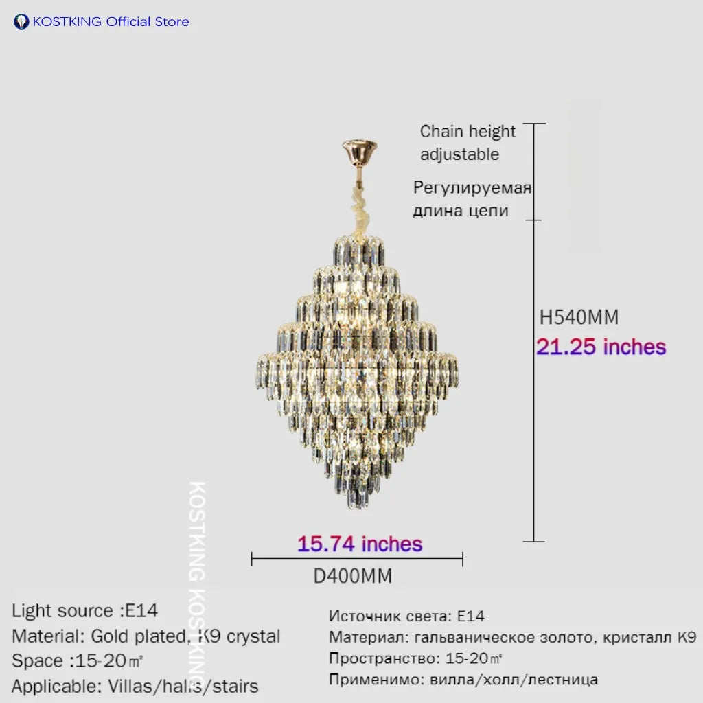 Luxury Golden Villa Main Hall K9 Crystal Chandelier For Hotel Living Room Bedroom Stairs Lamps Restaurant Lustre Pendant Light