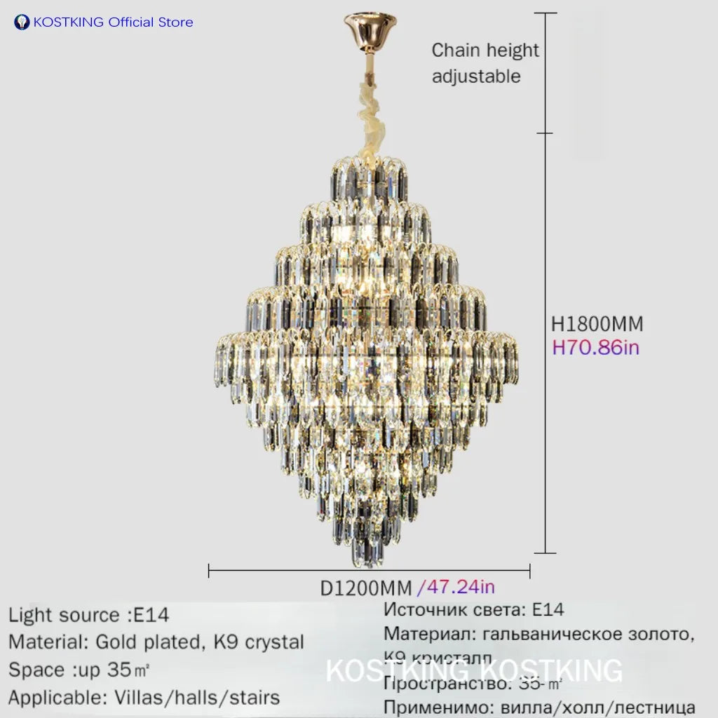 Luxury Golden Villa Main Hall K9 Crystal Chandelier For Hotel Living Room Bedroom Stairs Lamps Restaurant Lustre Pendant Light