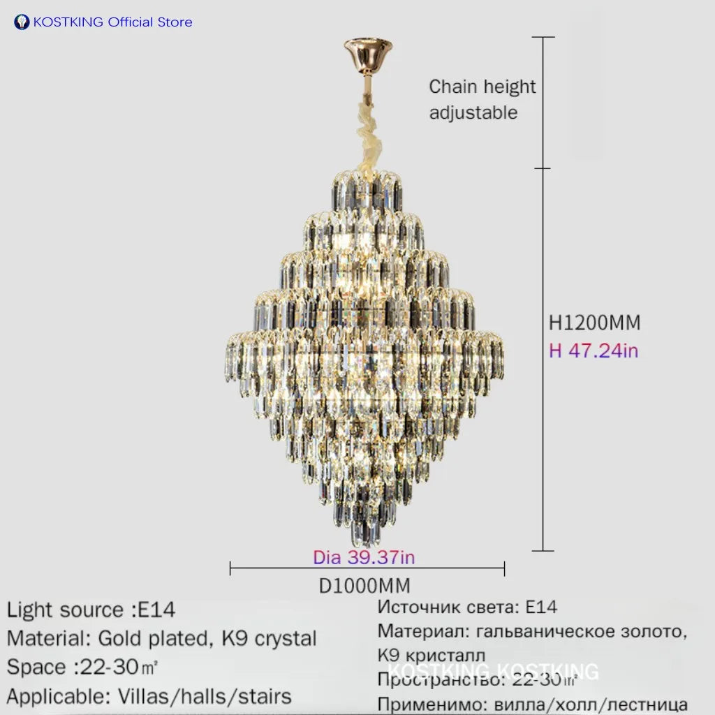 Luxury Golden Villa Main Hall K9 Crystal Chandelier For Hotel Living Room Bedroom Stairs Lamps Restaurant Lustre Pendant Light
