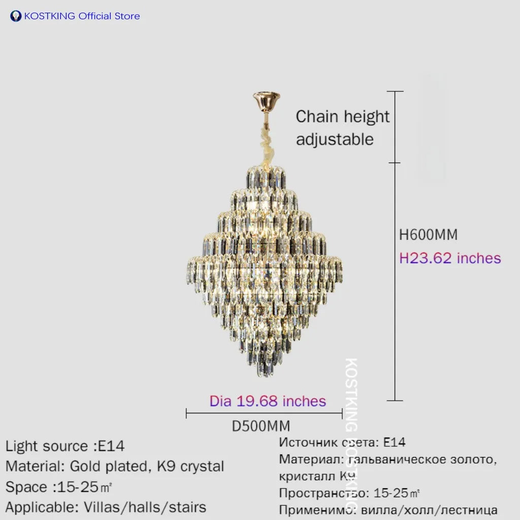 Luxury Golden Villa Main Hall K9 Crystal Chandelier For Hotel Living Room Bedroom Stairs Lamps Restaurant Lustre Pendant Light