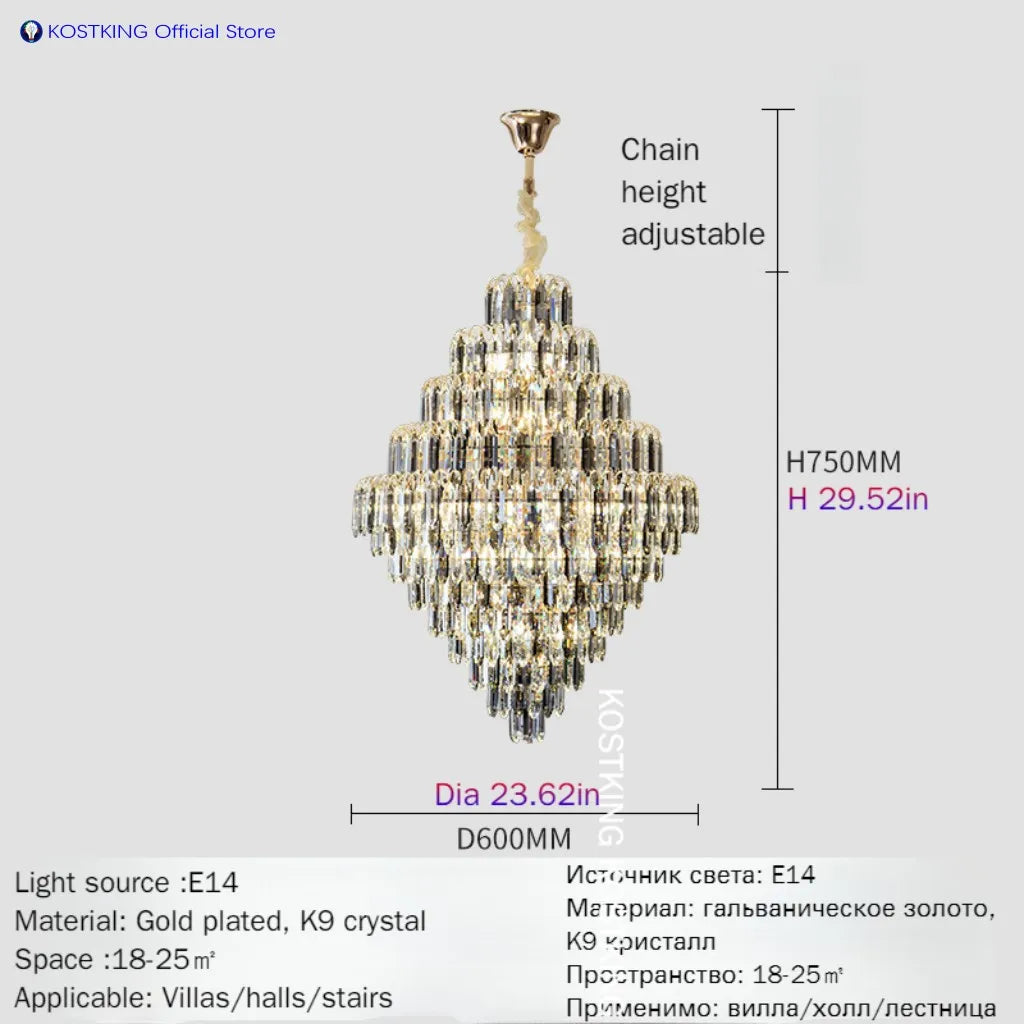 Luxury Golden Villa Main Hall K9 Crystal Chandelier For Hotel Living Room Bedroom Stairs Lamps Restaurant Lustre Pendant Light