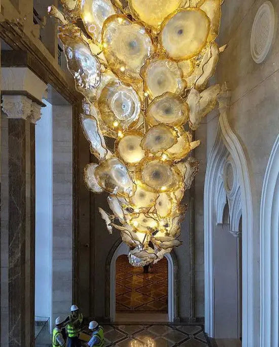 Luxury Large Gold Flower Chandelier Light with Murano Glass Plates for Villa LED Indoor Hanging Light Fixture