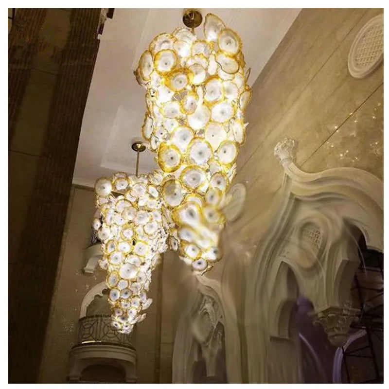 Luxury Large Gold Flower Chandelier Light with Murano Glass Plates for Villa LED Indoor Hanging Light Fixture