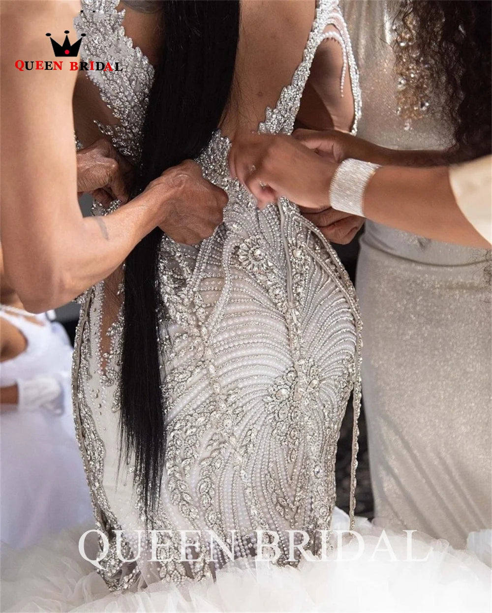 Luxury Mermaid V-neck Long Sleeve Wedding Dresses Ruffle Train Crystal Beaded Diamonds Women Bride Dress Custom Made DZ17