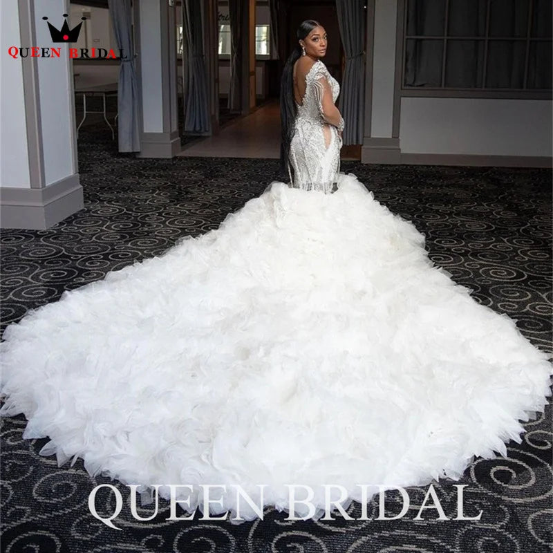 Luxury Mermaid V-neck Long Sleeve Wedding Dresses Ruffle Train Crystal Beaded Diamonds Women Bride Dress Custom Made DZ17