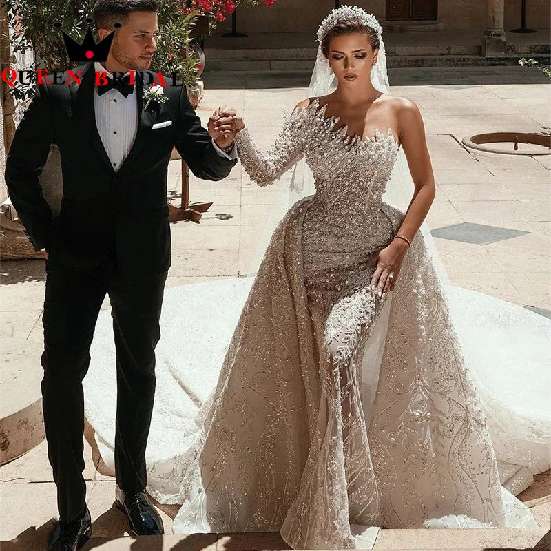 Luxury Pearls Sequined Lace Wedding Dress 2023 One Shoulder Luxurious Mermaid Bridal Gowns Vestidos De Novia Custom L36WM