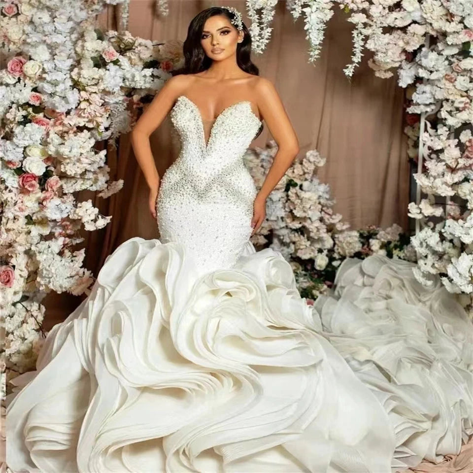 Luxury Ruffles Strapless Shiny Crystal Beaded Mermaid Wedding Dresses Deep V Neck Long Court Train Tulle Bridal Gowns For Women