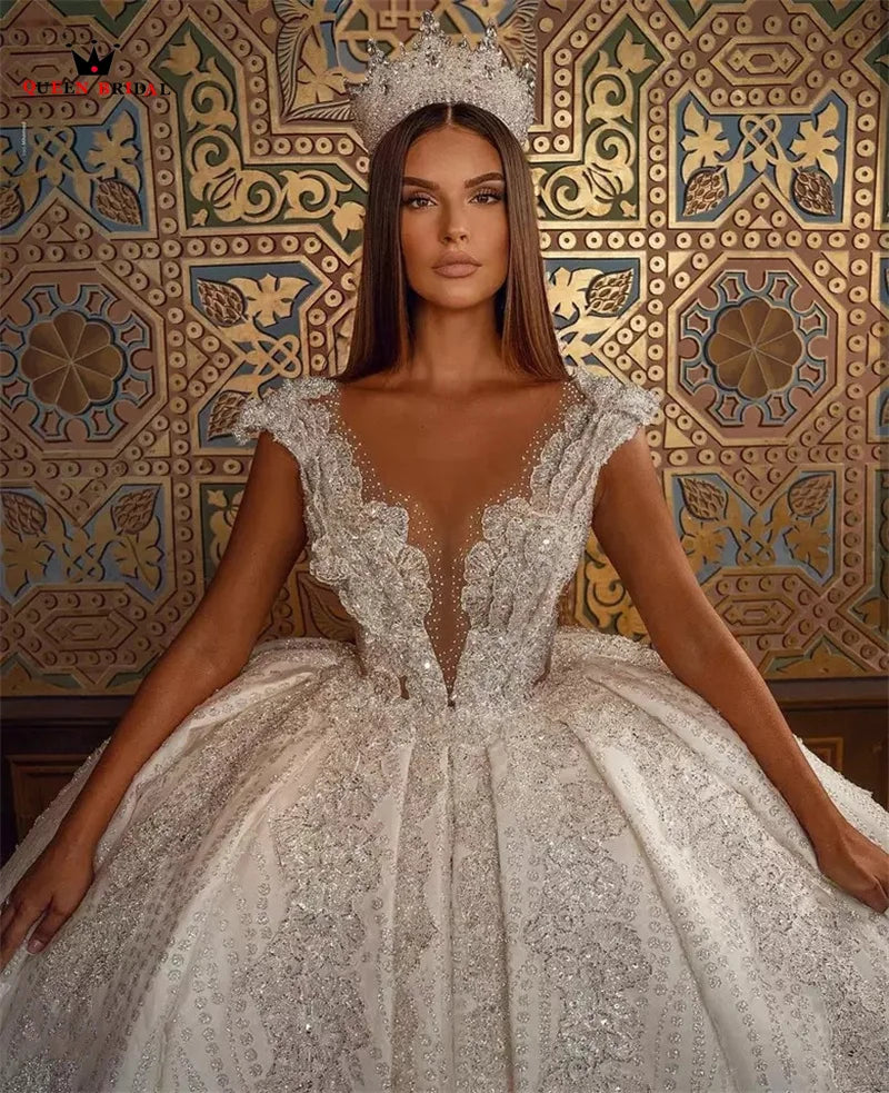 Luxury Wedding Dresses Ball Gown Puffy Tulle Lace Crystal Beading Diamond Appliques Formal Bridal Gown Custom Size DZ71