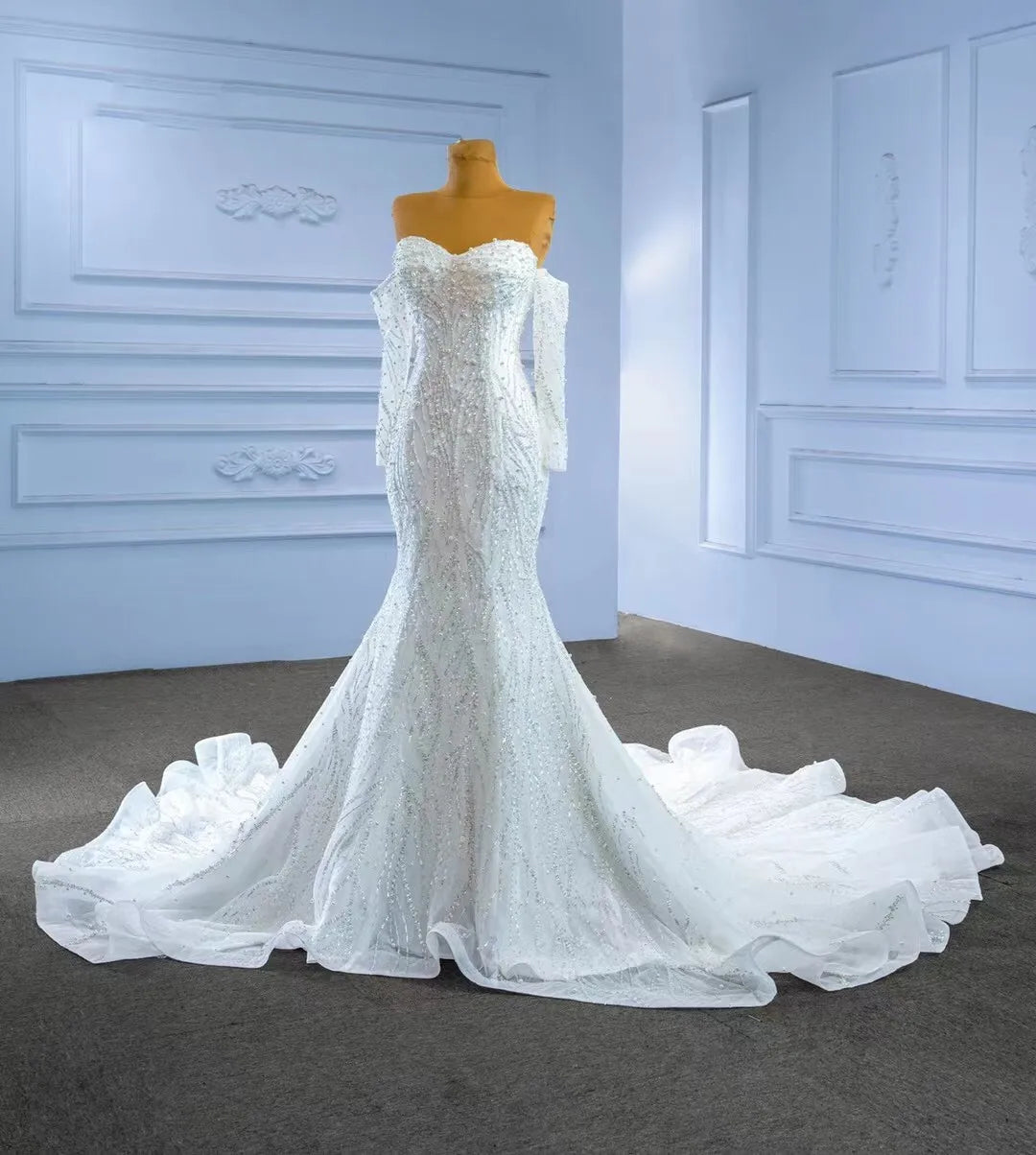 Luxury Wedding Dresses Mermaid Long Sleeves Tulle Pearls Turkey Dubai Saudi Arabia Wedding Gown Bridal Dress Vestido De Noiva