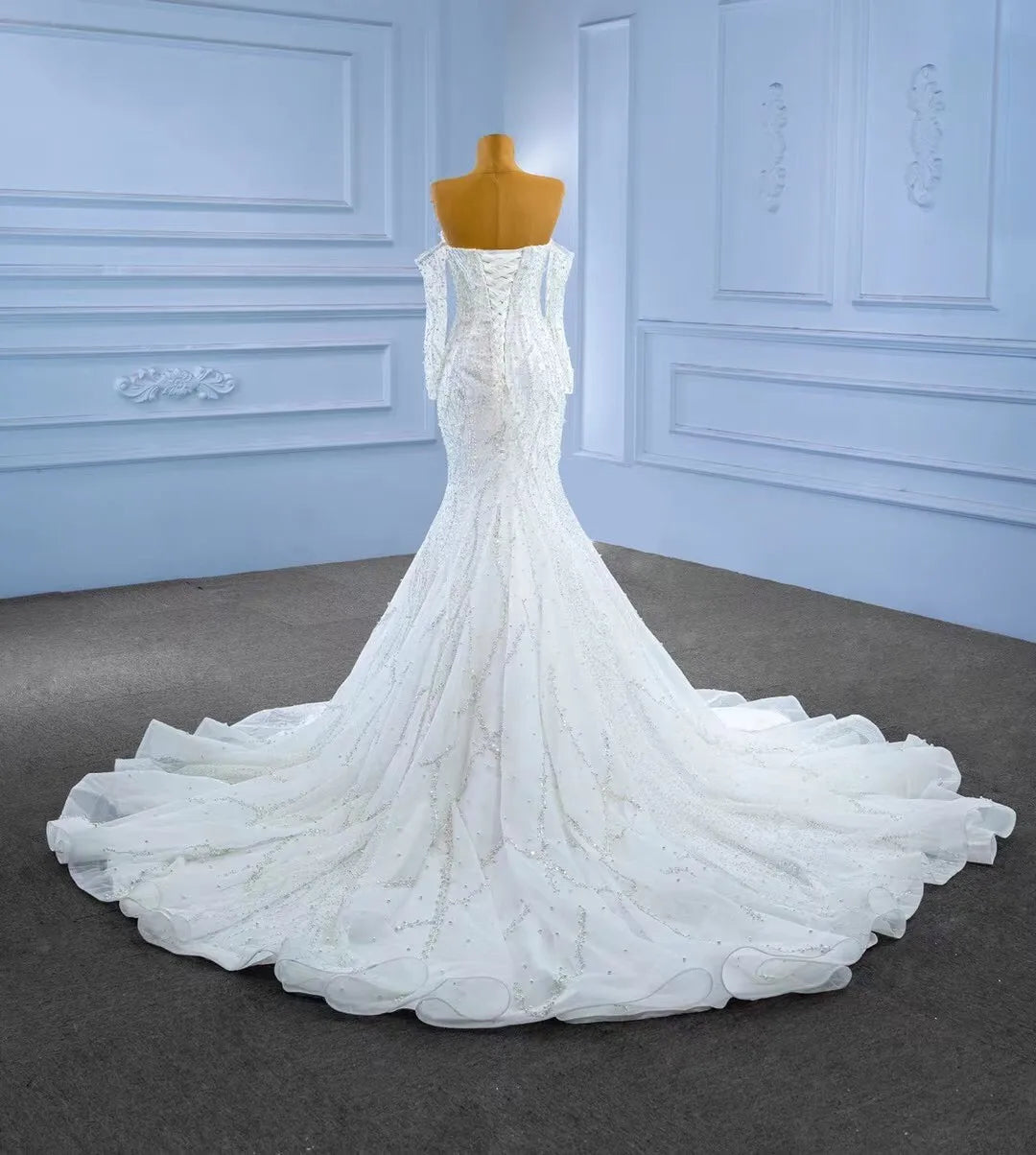 Luxury Wedding Dresses Mermaid Long Sleeves Tulle Pearls Turkey Dubai Saudi Arabia Wedding Gown Bridal Dress Vestido De Noiva