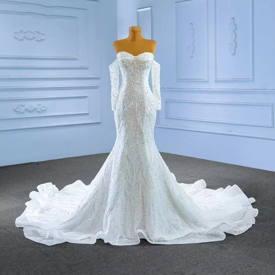 Luxury Wedding Dresses Mermaid Long Sleeves Tulle Pearls Turkey Dubai Saudi Arabia Wedding Gown Bridal Dress Vestido De Noiva