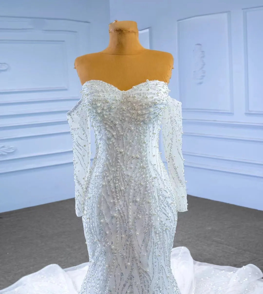 Luxury Wedding Dresses Mermaid Long Sleeves Tulle Pearls Turkey Dubai Saudi Arabia Wedding Gown Bridal Dress Vestido De Noiva