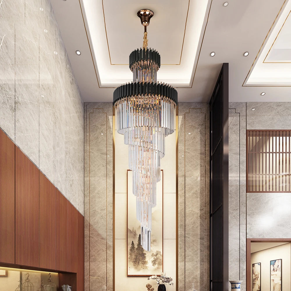 Luxury modern crystal chandelier for staircase Long loft black cristal light fixture villa lobby living room decor hang lighting