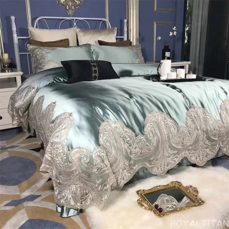 Luxury seasonal new French silk, cotton, lace, European and American style long cotton bed sheets, duvet covers, four piece set.
