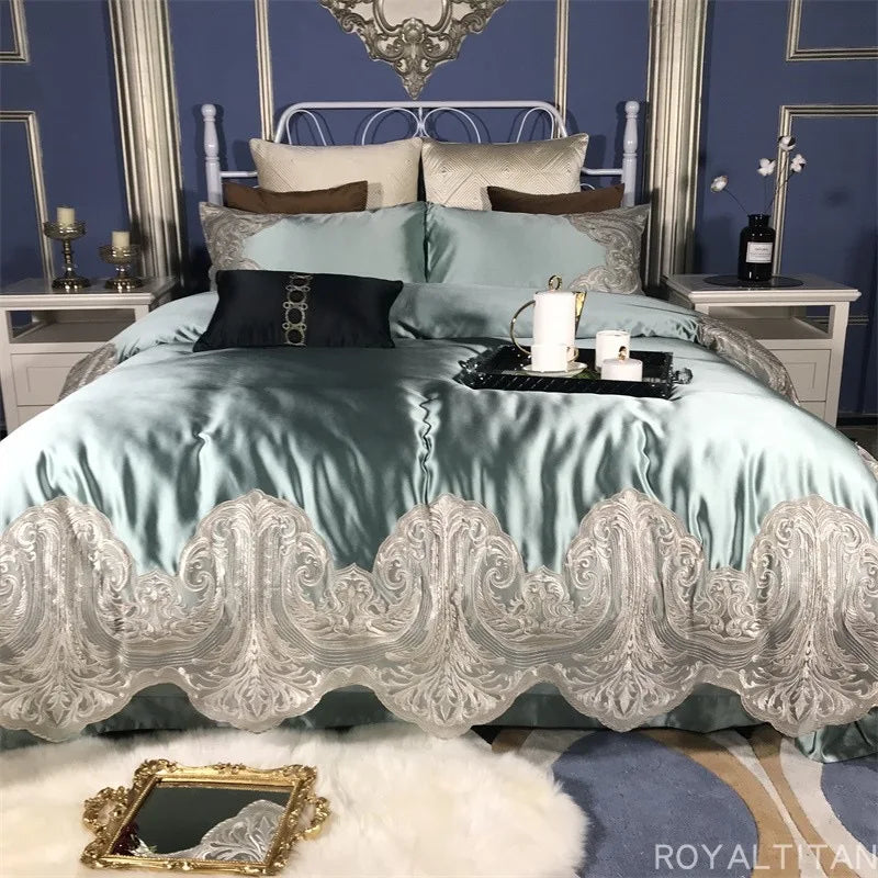 Luxury seasonal new French silk, cotton, lace, European and American style long cotton bed sheets, duvet covers, four piece set.