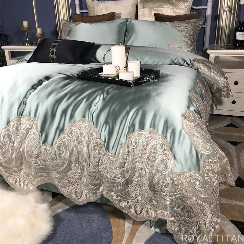 Luxury seasonal new French silk, cotton, lace, European and American style long cotton bed sheets, duvet covers, four piece set.