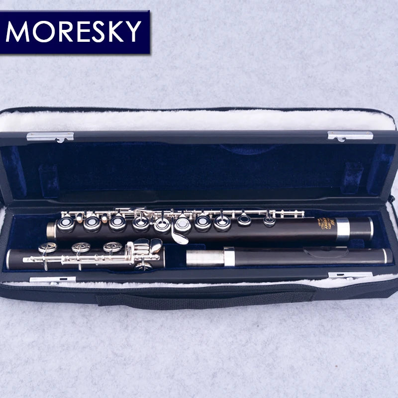 MMOOKA MORESKY-Open Hole Ebony Flute, 17 Holes, Silver Plated, E Key, Grenadilla Wood, Professional Flute MFL-201