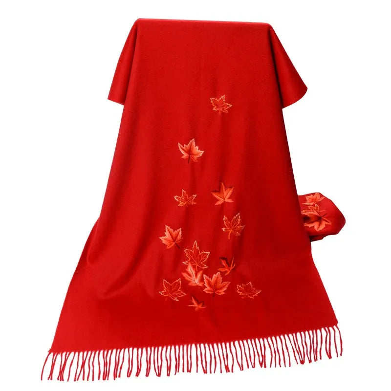 Minggu Embroidery 2021 New Autumn and Winter Handmade Su Embroidered Cashmere Shawl Versatile Double sided Embroidered Maple Lea
