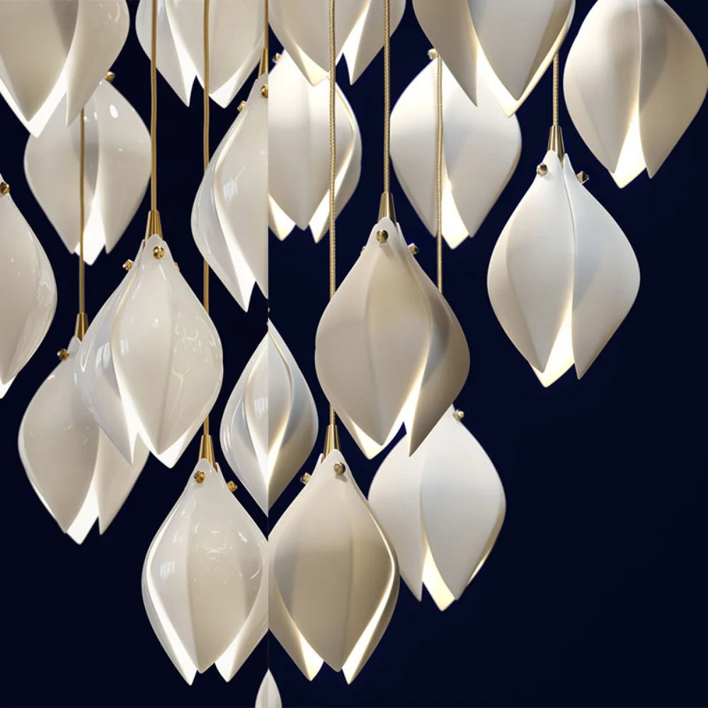 Modern Ceramic Petal LED Chandelier For Hotel Lobby Luxury Home Indoor Lighting Fixture White Villa Attic Ceiling Hanging Lamps