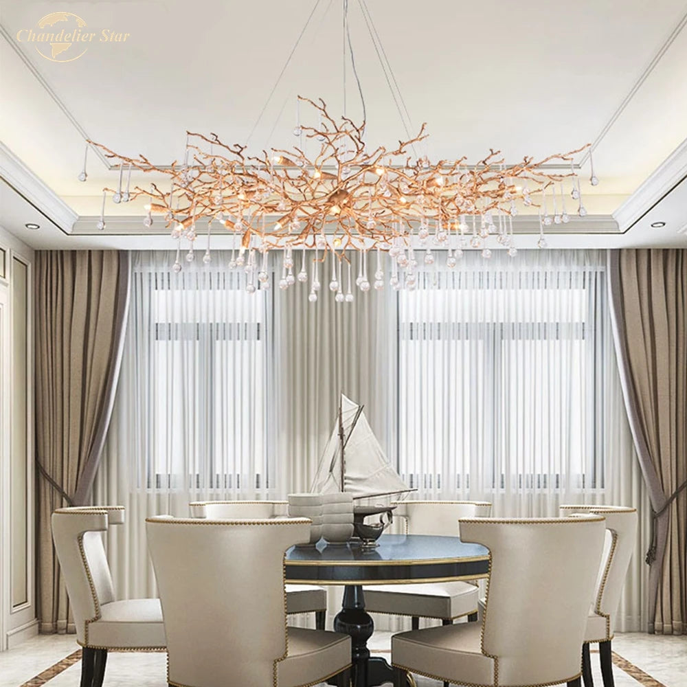 Modern Copper LED Chandeliers Lighting Colorful Glass Luxury Water Drop Lamp Brass for Living Room Bedroom Dining Room Villa