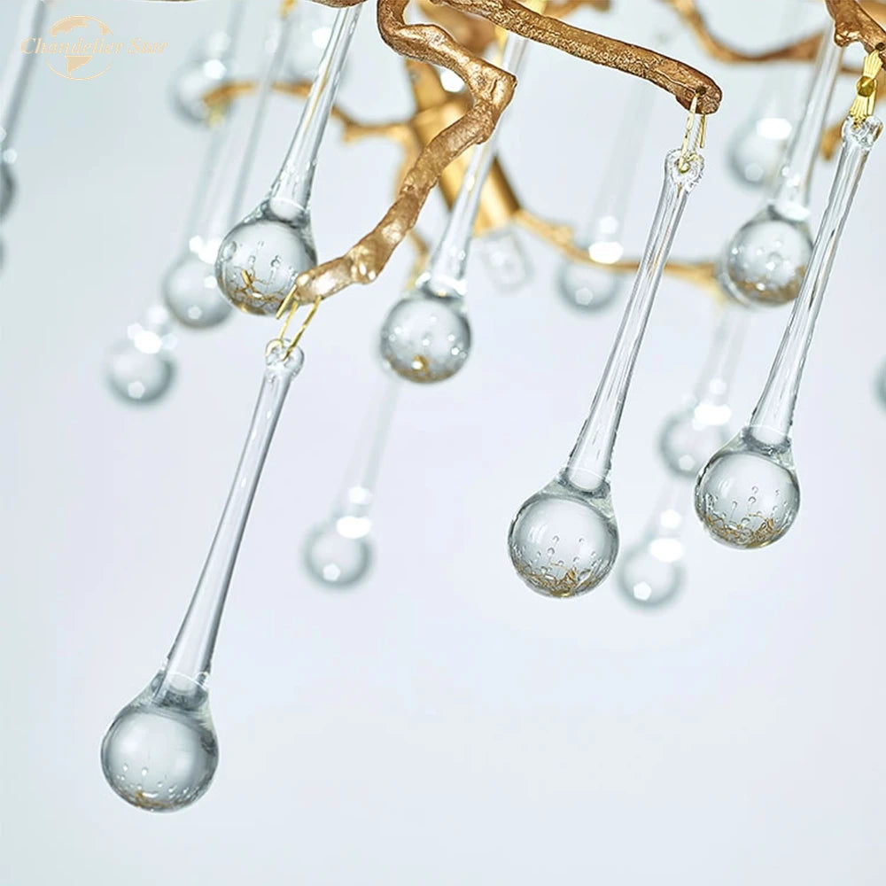 Modern Copper LED Chandeliers Lighting Colorful Glass Luxury Water Drop Lamp Brass for Living Room Bedroom Dining Room Villa