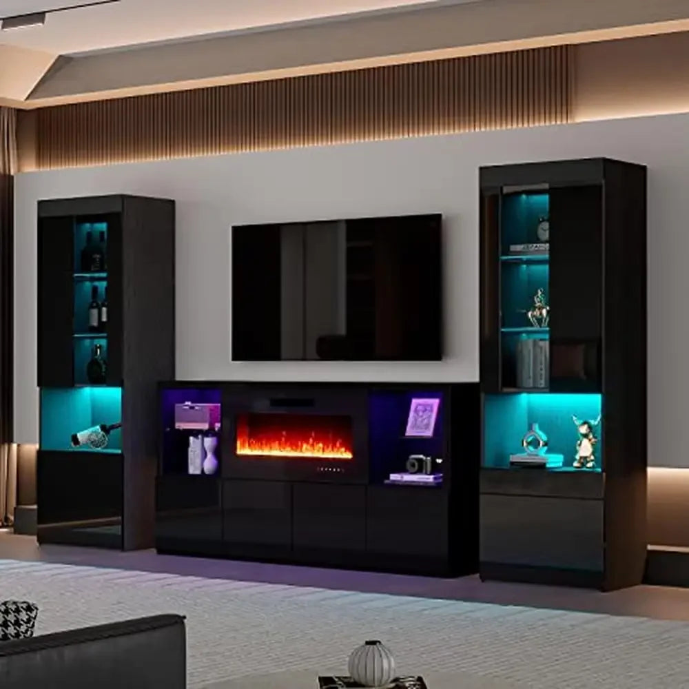 Modern High Gloss 3-Piece Fireplace TV Stand Bookcase Set Living Room Combo 68" Console with 40" Electric Fireplace & 2X 71"