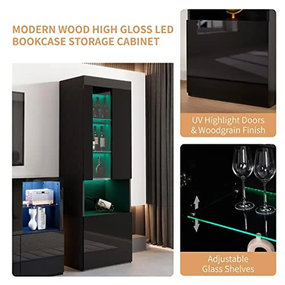 Modern High Gloss 3-Piece Fireplace TV Stand Bookcase Set Living Room Combo 68" Console with 40" Electric Fireplace & 2X 71"