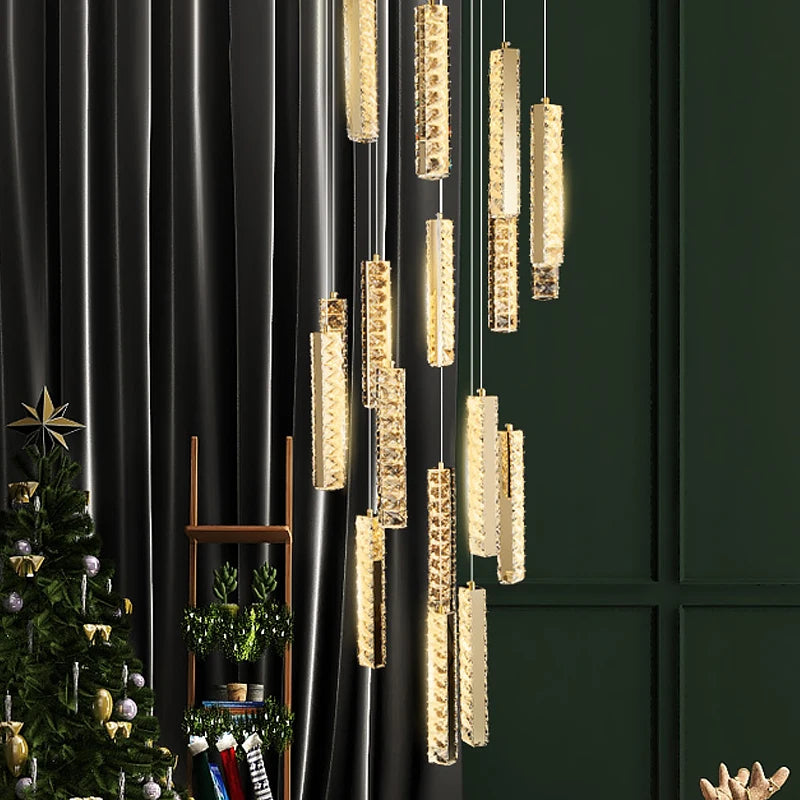 Modern LED Crystal Raindrop Chandelier Lighting Staircase Luxury Golden Staircase Lights Chandelier for Living Room Hotel Villa