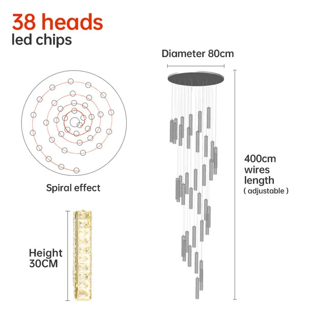 Modern LED Crystal Raindrop Chandelier Lighting Staircase Luxury Golden Staircase Lights Chandelier for Living Room Hotel Villa