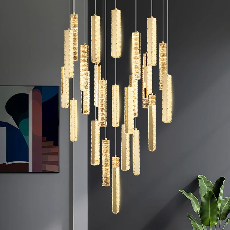 Modern LED Crystal Raindrop Chandelier Lighting Staircase Luxury Golden Staircase Lights Chandelier for Living Room Hotel Villa