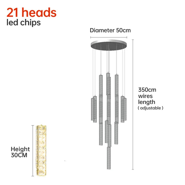 Modern LED Crystal Raindrop Chandelier Lighting Staircase Luxury Golden Staircase Lights Chandelier for Living Room Hotel Villa