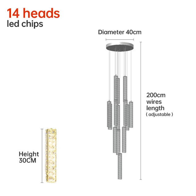 Modern LED Crystal Raindrop Chandelier Lighting Staircase Luxury Golden Staircase Lights Chandelier for Living Room Hotel Villa