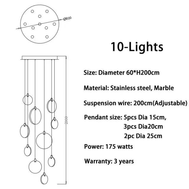 Modern Marble Crystal LED Chandeliers For Staircase Living Room Luxury Round Cristal Hanging Lamps Villa Long Lighting Fixtures