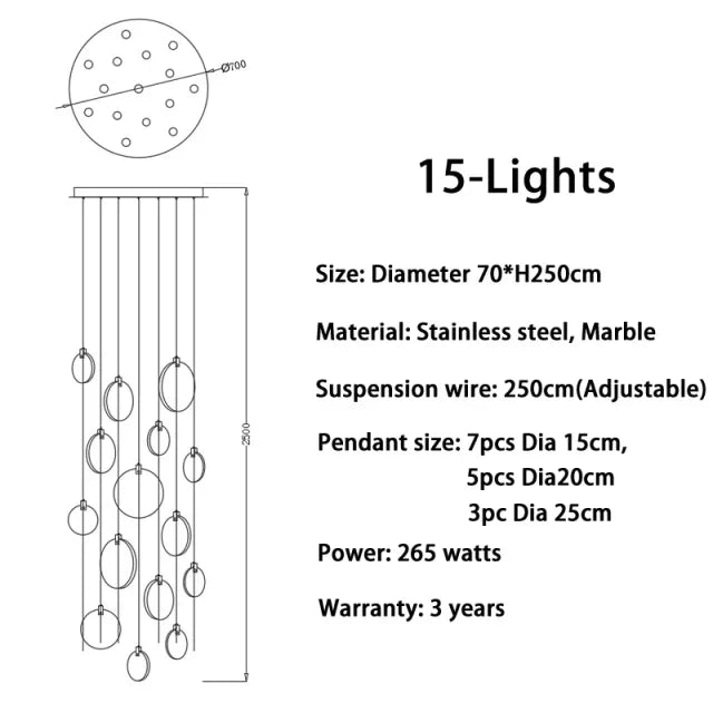 Modern Marble Crystal LED Chandeliers For Staircase Living Room Luxury Round Cristal Hanging Lamps Villa Long Lighting Fixtures