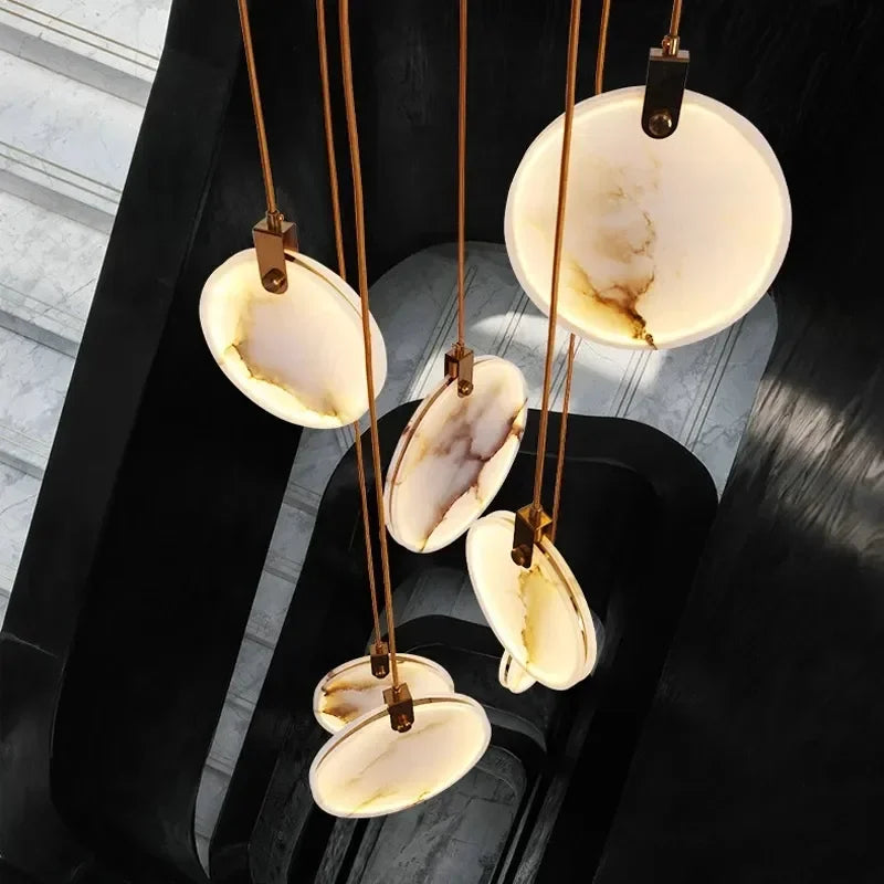 Modern Marble Crystal LED Chandeliers For Staircase Living Room Luxury Round Cristal Hanging Lamps Villa Long Lighting Fixtures