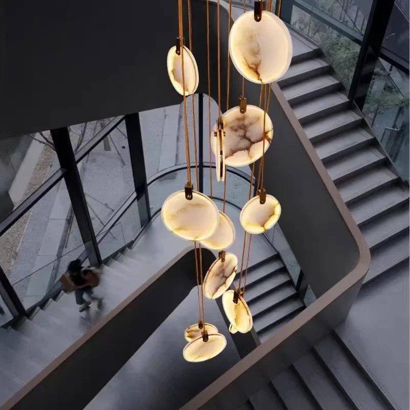 Modern Marble Crystal LED Chandeliers For Staircase Living Room Luxury Round Cristal Hanging Lamps Villa Long Lighting Fixtures