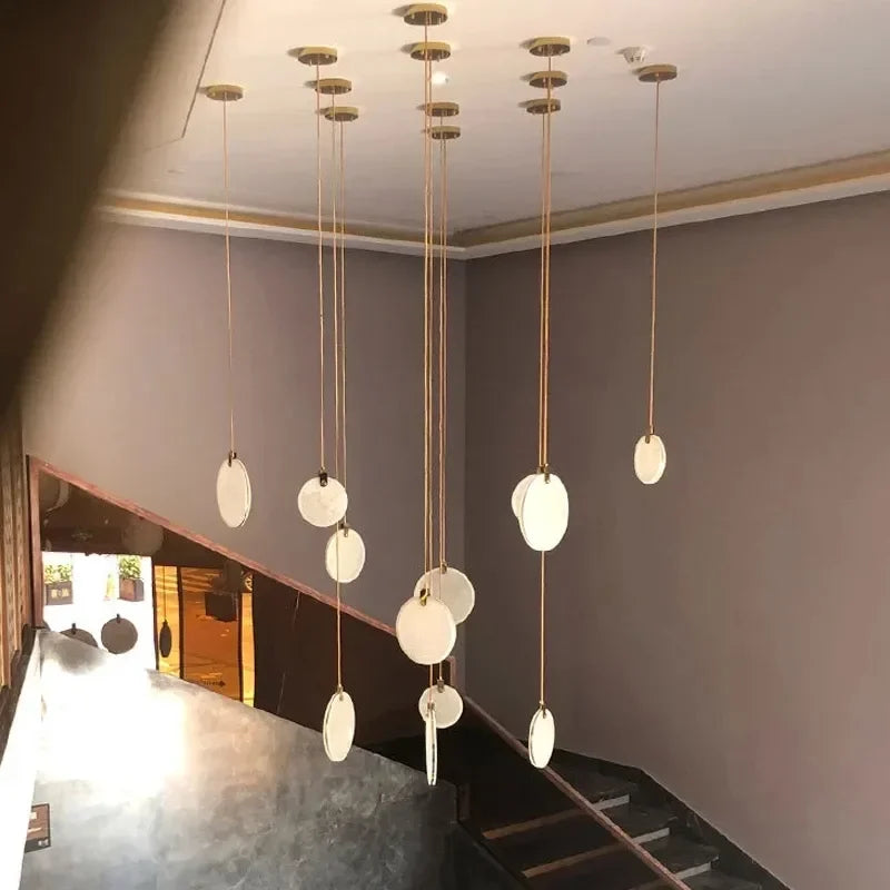Modern Marble Crystal LED Chandeliers For Staircase Living Room Luxury Round Cristal Hanging Lamps Villa Long Lighting Fixtures